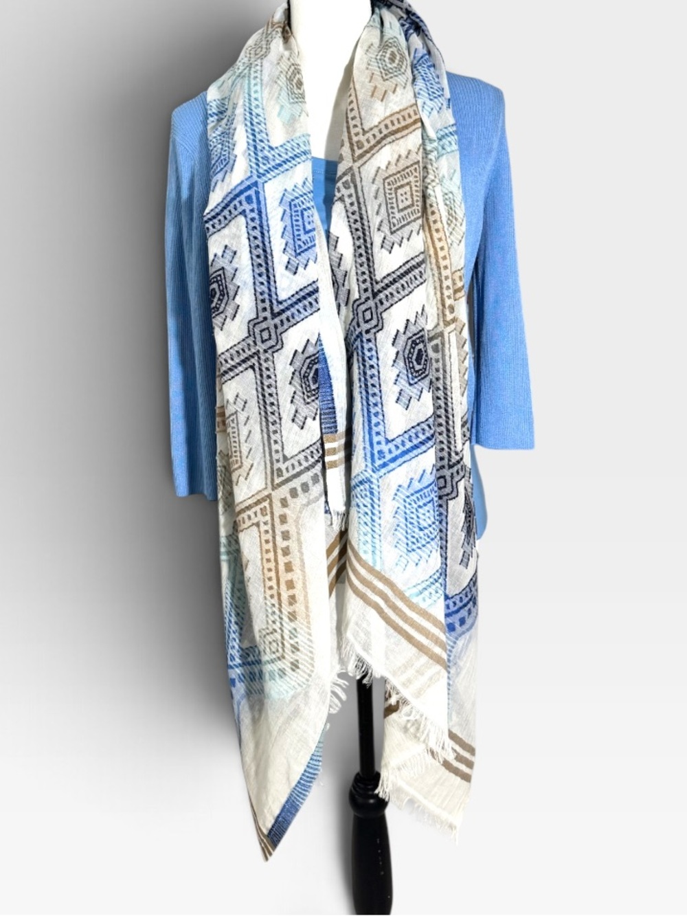 Oversized Scarf Warp Geometric Aztec Blue White Pattern